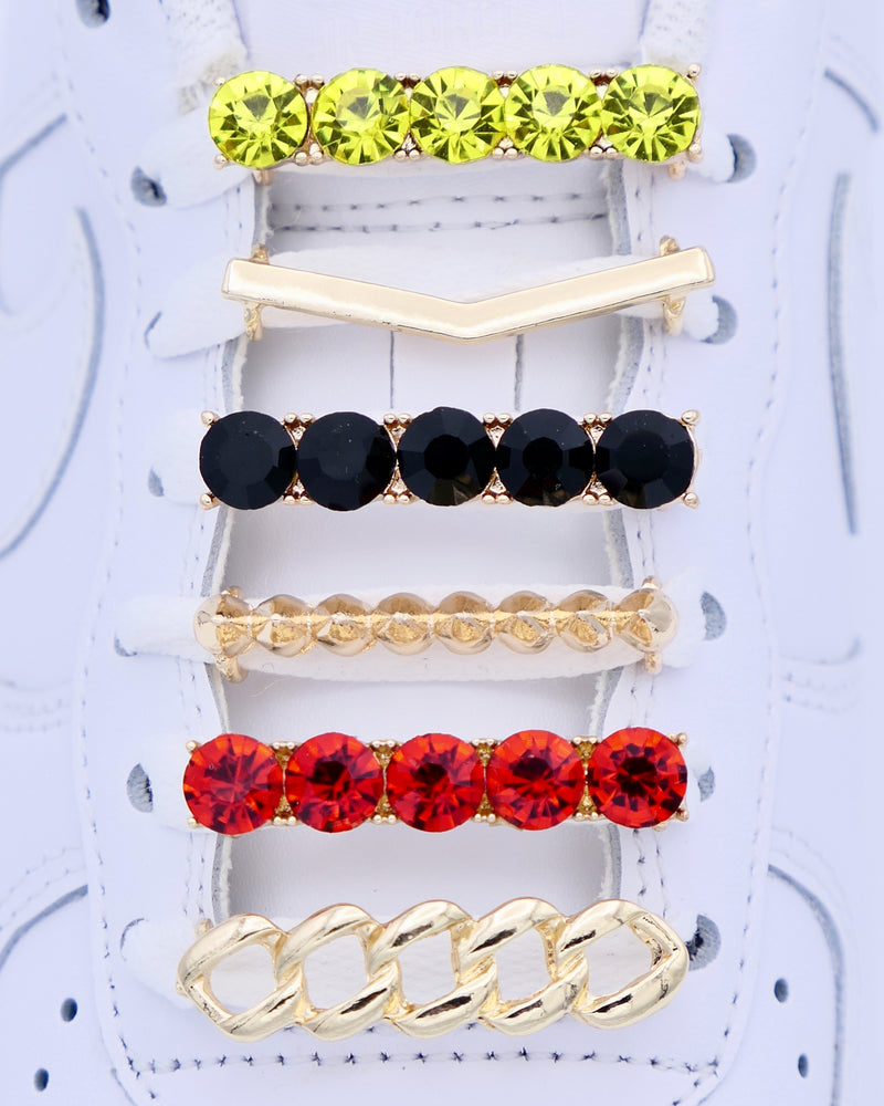 Nike Air Force 1 (AF1) and Air Jordan sneakers with gold and rhinestone shoelace charm decorations