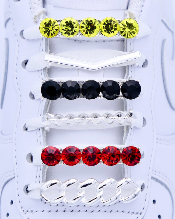 Nike Air Force 1 (AF1) and Air Jordan sneakers with silver and rhinestone shoelace charm decorations