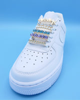 Nike Air Force 1 (AF1) and Air Jordan sneakers with gold, stars, pearls, aqua and violet rhinestone shoelace charm decorations