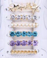 Nike Air Force 1 (AF1) and Air Jordan sneakers with gold, stars, pearls, aqua and violet rhinestone shoelace charm decorations