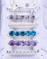 Nike Air Force 1 (AF1) and Air Jordan sneakers with silver, stars, pearls, aqua and violet rhinestone shoelace charm decorations