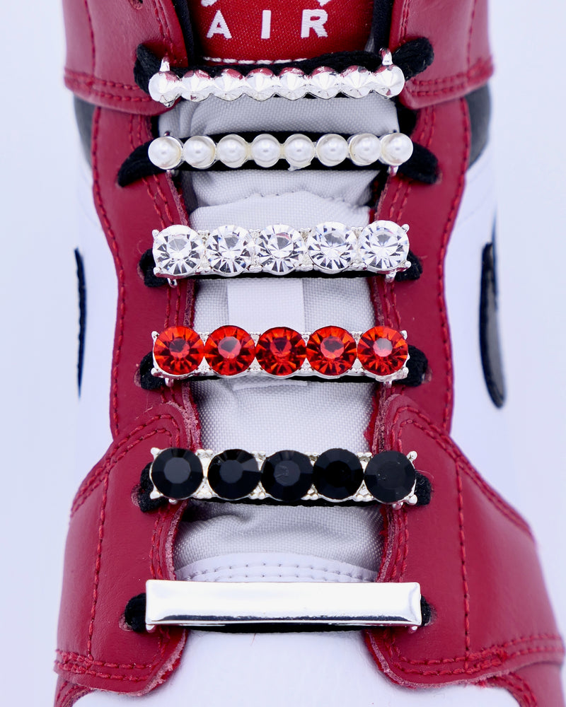 Nike Air Jordan 1 Chicago sneakers with silver, studs, bar, pearls, red and black rhinestone shoelace charm decorations